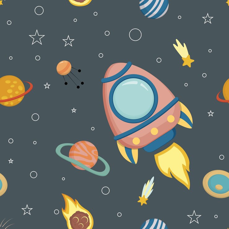 Fondo transparente de vector con la imagen de cohetes y planetas, de diseño infantil. EPS 10.
