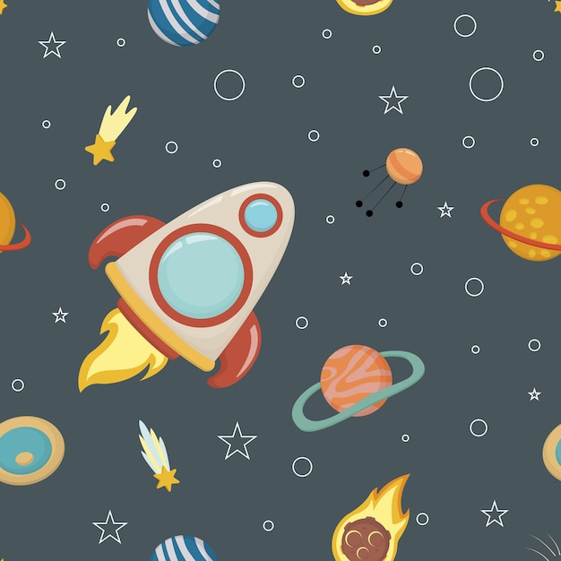 Fondo transparente de vector con la imagen de cohetes y planetas, de diseño infantil. EPS 10.
