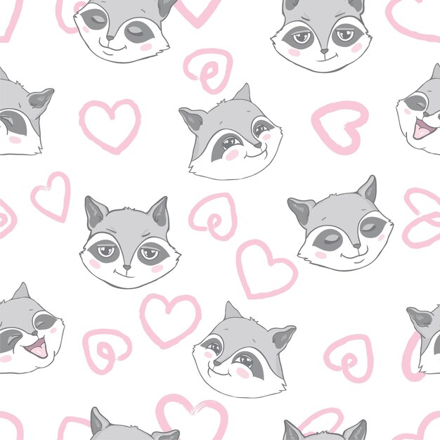 Fondo transparente de vector con mapaches lindos y hermosos Fondo lindo con personaje de dibujos animados Textura repetitiva con animales para niños Ilustración en tela de textura de cartel de postal