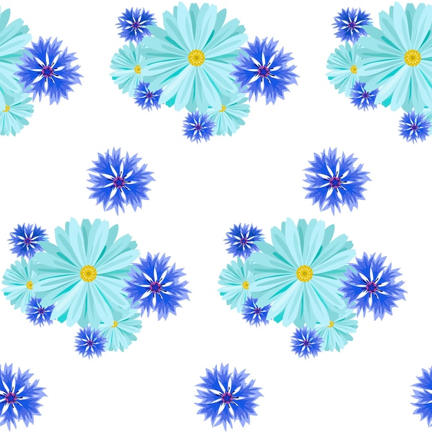 Fondo transparente de vector con margaritas azul claro y acianos lilas azules y hojas verdes