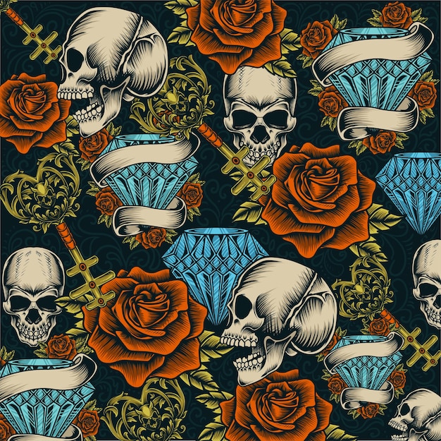 Fondo transparente vintage con patrón de calavera diamante rosa
