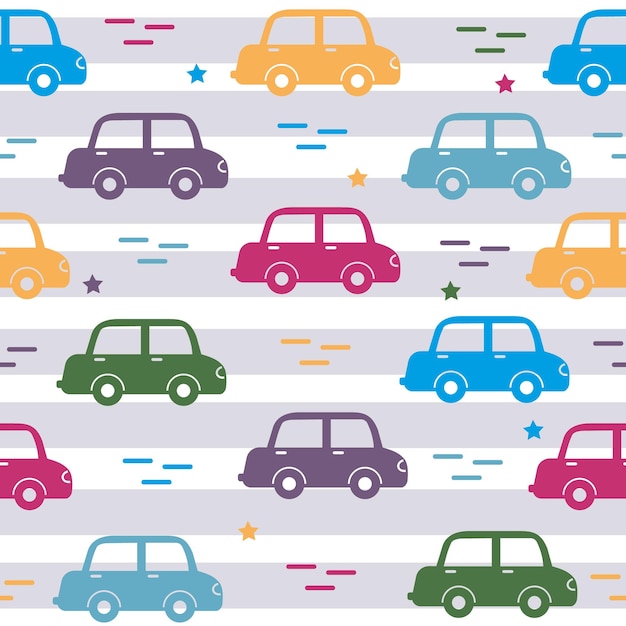 Fondo de transporte de dibujos animados para niños patrón sin costuras vectorial con dibujos dibujados coches de juguete