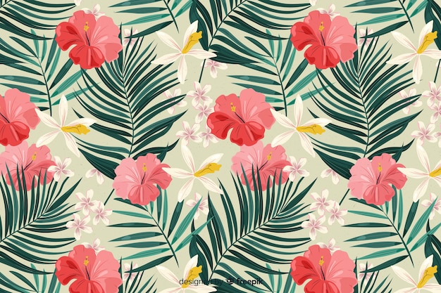 Fondo tropical 2d con flores y hojas