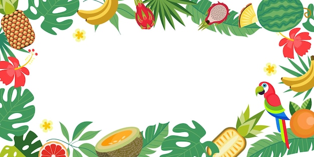 Fondo tropical brillante con hojas de palmeras tropicales loro y flores Ilustración vectorial con un espacio vacío para texto