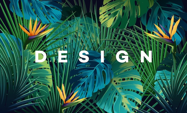 Fondo tropical brillante con plantas de la selva. Vector patrón exótico con hojas de palma.