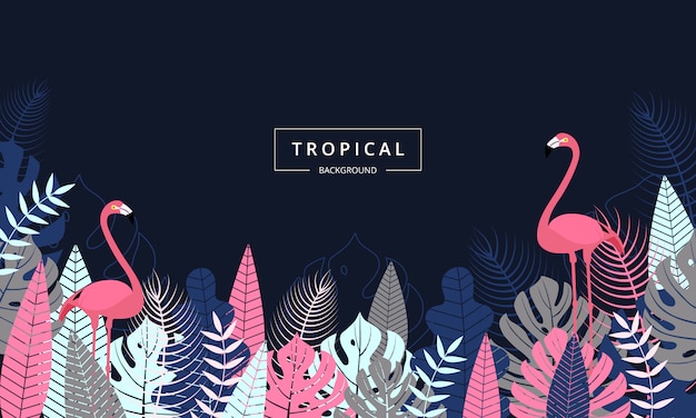 Fondo tropical exótico decorado con hojas de palmera y pájaro flamenco