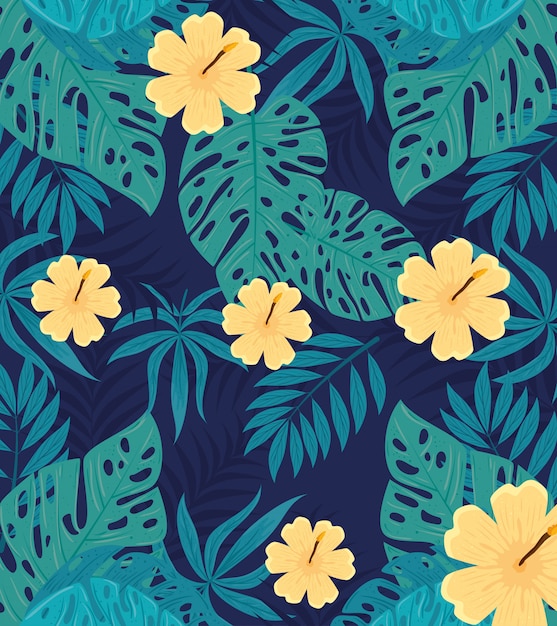 Fondo tropical, flores de color amarillo y plantas tropicales, decoración con flores y hojas tropicales.