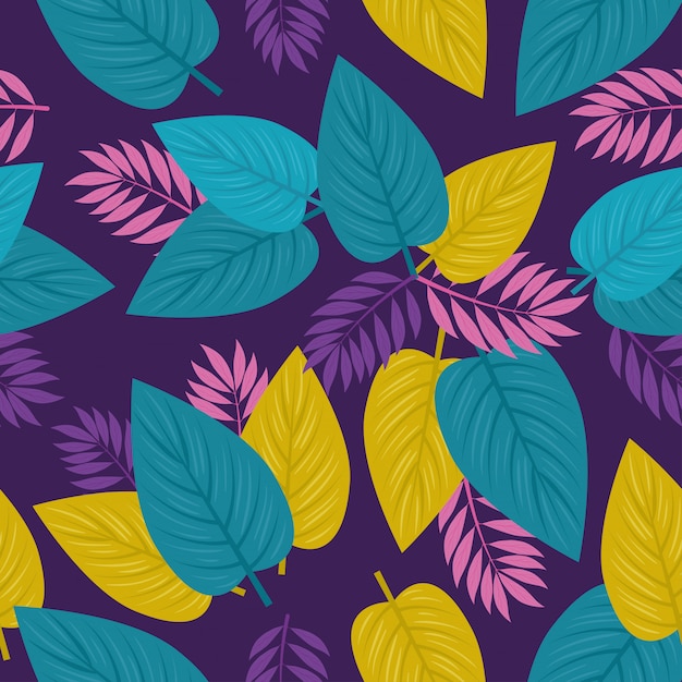 Vector fondo tropical, hojas de color púrpura, rosa y verde, decoración con hojas tropicales.