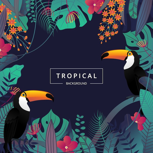 Fondo tropical con hojas, flores y tucanes.