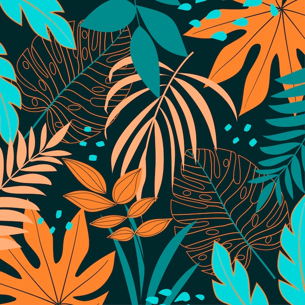 Fondo tropical con hojas y plantas azules y amarillas