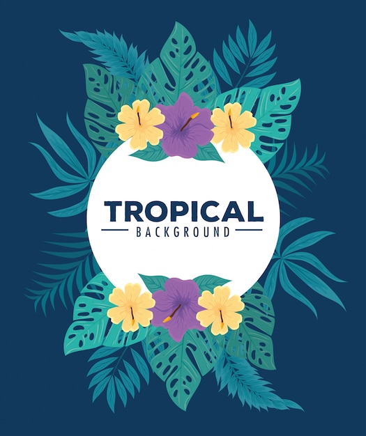 Fondo tropical, marco de flores de color púrpura y amarillo con hojas tropicales, decoración con flores y hojas tropicales