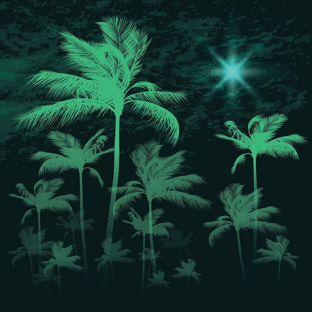 Fondo tropical con palmeras a la luz de la luna