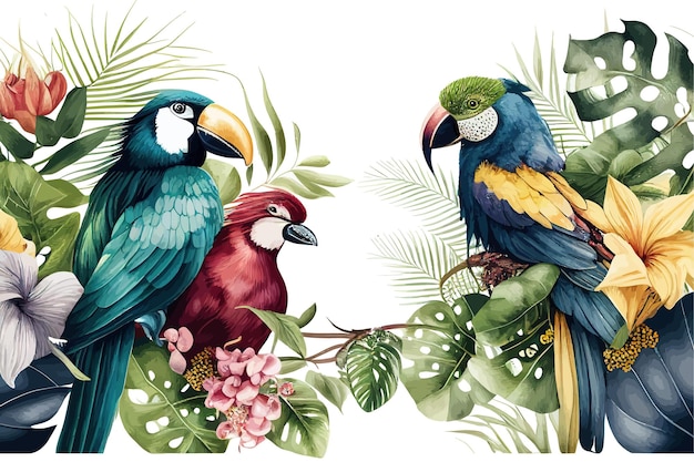 Fondo tropical con plantas y pájaros Diseño de ilustración vectorial