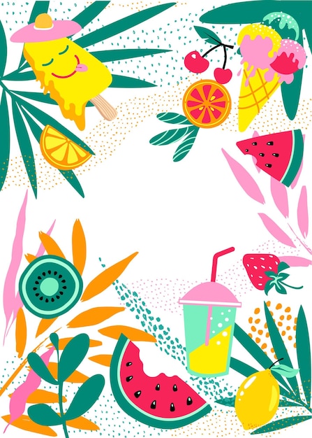 Vector fondo tropical plantas tropicales helado cóctel y frutas ilustración vectorial