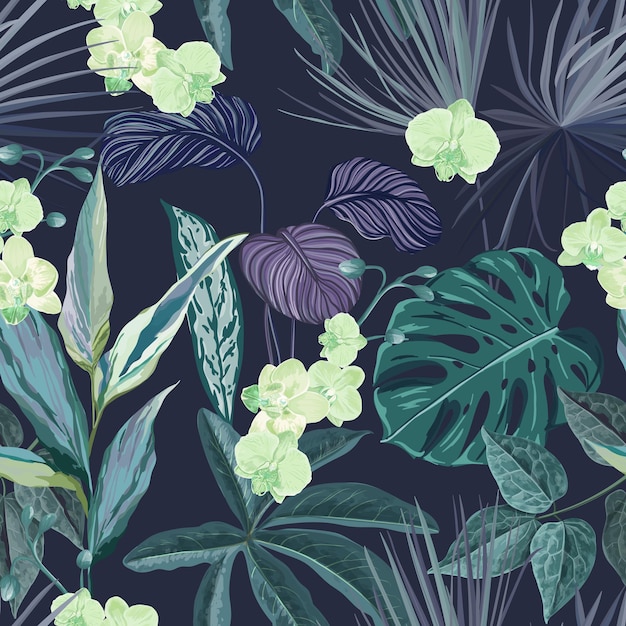 Fondo tropical transparente con plantas de la selva de philodendron y monstera, estampado de papel tapiz floral con flores exóticas de orquídeas, flores y hojas de la selva nocturna, adorno de la naturaleza. ilustración vectorial