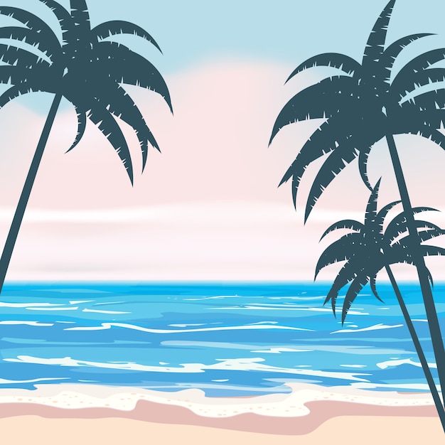 Fondo tropical de verano con exóticas hojas de palma y plantas, las olas de la costa de surf mar, océano Diseño de tendencia