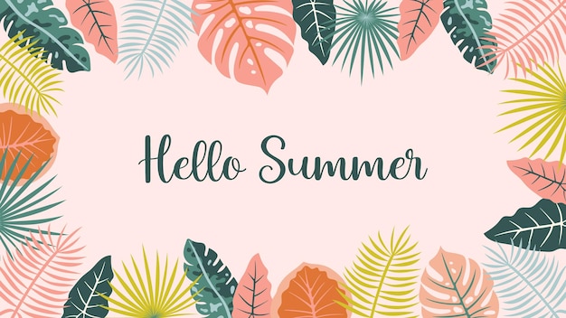 Fondo tropical de verano con hojas exóticas de la jungla marco y texto de caligrafía plano brillante