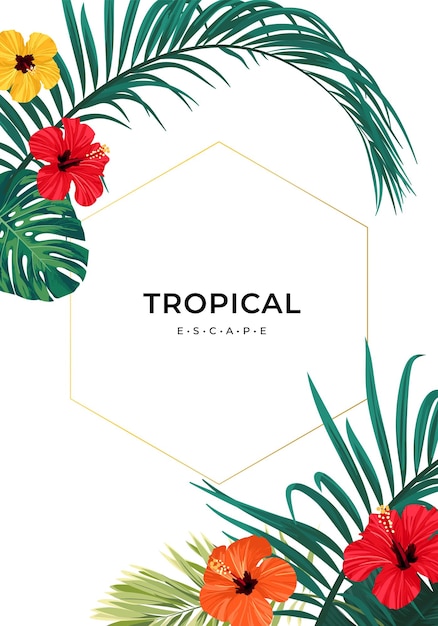 Fondo tropical de verano con hojas de palma exóticas y flores de hibisco. fondo floral vectorial.