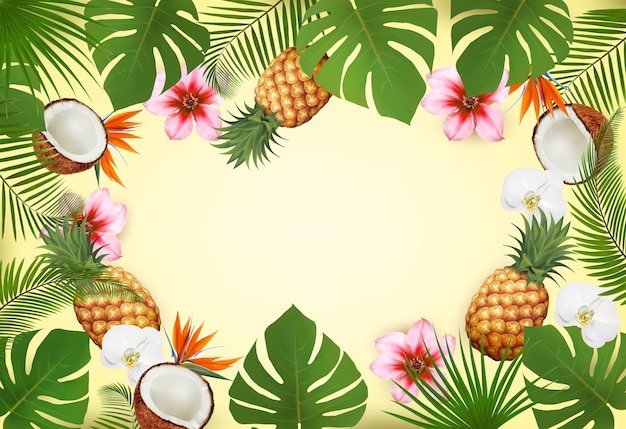 Fondo tropical de verano con hojas de palma flores coloridas y una fruta exótica Vector