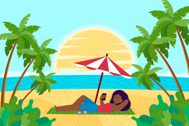 Vector fondo tropical de verano plano con mujer en la playa