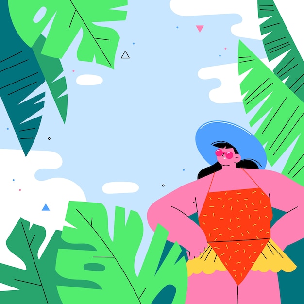 Vector fondo tropical de verano plano con vegetación y mujer