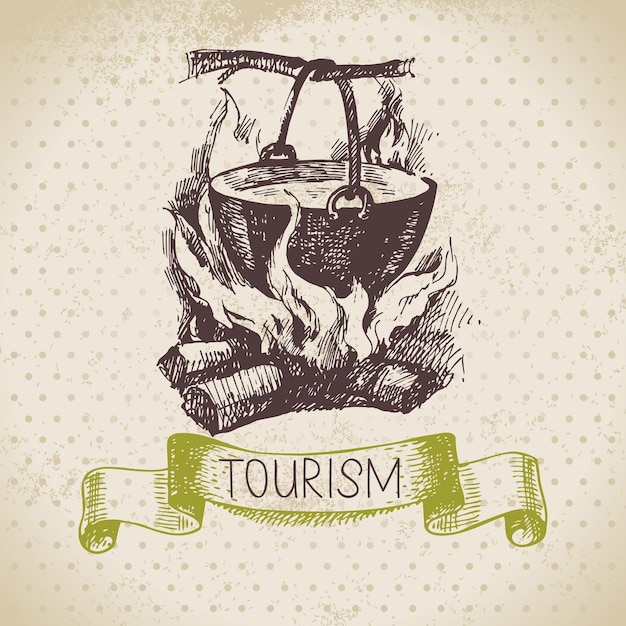 Vector fondo de turismo de dibujo vintage. ilustración de dibujado a mano de caminata y campamento