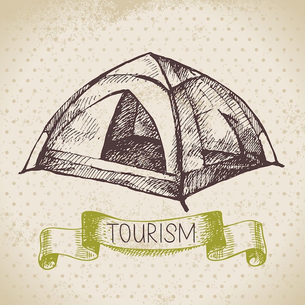 Fondo de turismo de dibujo vintage. ilustración de dibujado a mano de caminata y campamento