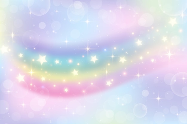 Fondo de unicornio de arco iris de fantasía holográfica Cielo de color pastel Patrón fabuloso de paisaje mágico