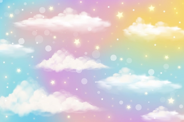 Vector fondo de unicornio de arco iris de fantasía holográfica con nubes y estrellas cielo pastel paisaje mágico