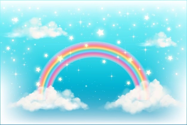 Vector fondo de unicornio arco iris de fantasía con nubes en el cielo azul paisaje mágico con estrellas y destellos