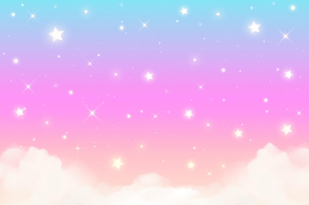 Fondo de unicornio arco iris con nubes y estrellas Cielo de color pastel Panorama de paisaje rosa mágico