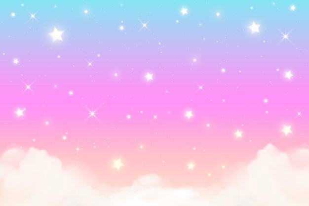 Fondo de unicornio arco iris con nubes y estrellas cielo de color pastel panorama de paisaje rosa mágico