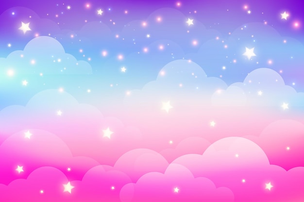 Fondo de unicornio arco iris con nubes y estrellas Cielo de color pastel Patrón fabuloso de paisaje mágico