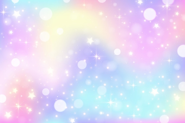 Vector fondo de unicornio arco iris pastel ondulado degradado color cielo brillo y bokeh magia galaxia y estrellas