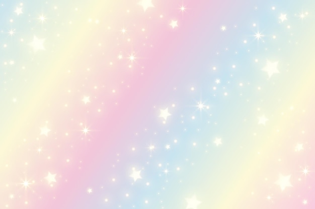 Fondo de unicornio arcoiris. Cielo de princesa girlie con estrellas y destellos. Gradiente holográfico