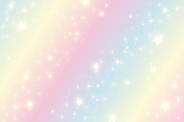 Vector fondo de unicornio arcoiris. cielo de princesa girlie con estrellas y destellos. gradiente holográfico