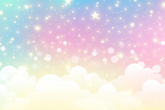 Vector fondo de unicornio arcoiris con nubes y estrellas cielo de color pastel paisaje rosa mágico