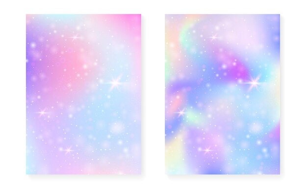 Fondo de unicornio con degradado mágico kawaii. Holograma de princesa arcoíris. Conjunto de hadas holográficas. Cubierta de fantasía creativa. Fondo de unicornio con destellos y estrellas para invitación de fiesta de chica linda.