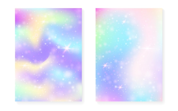 Fondo de unicornio con degradado mágico kawaii. Holograma de princesa arcoíris. Conjunto de hadas holográficas. Cubierta de fantasía con estilo. Fondo de unicornio con destellos y estrellas para invitación de fiesta de chica linda.