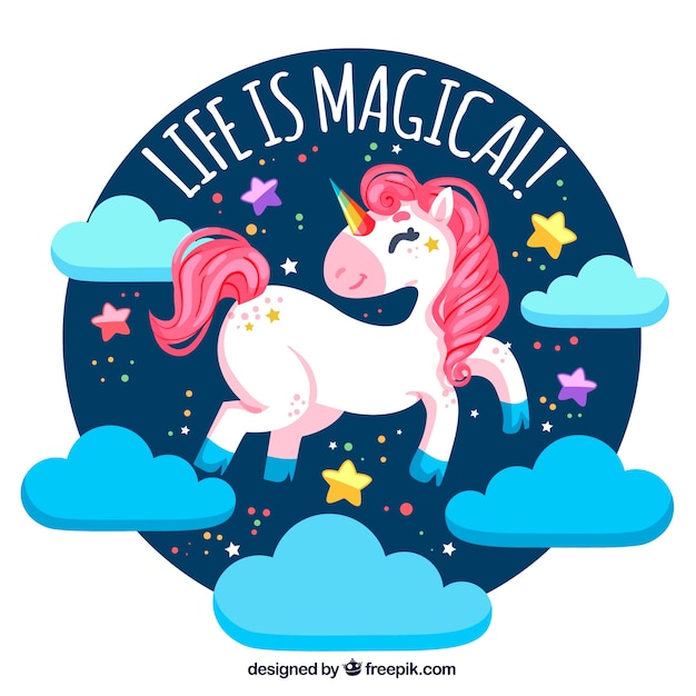 Fondo de unicornio feliz con nubes y texto "la vida es mágica"