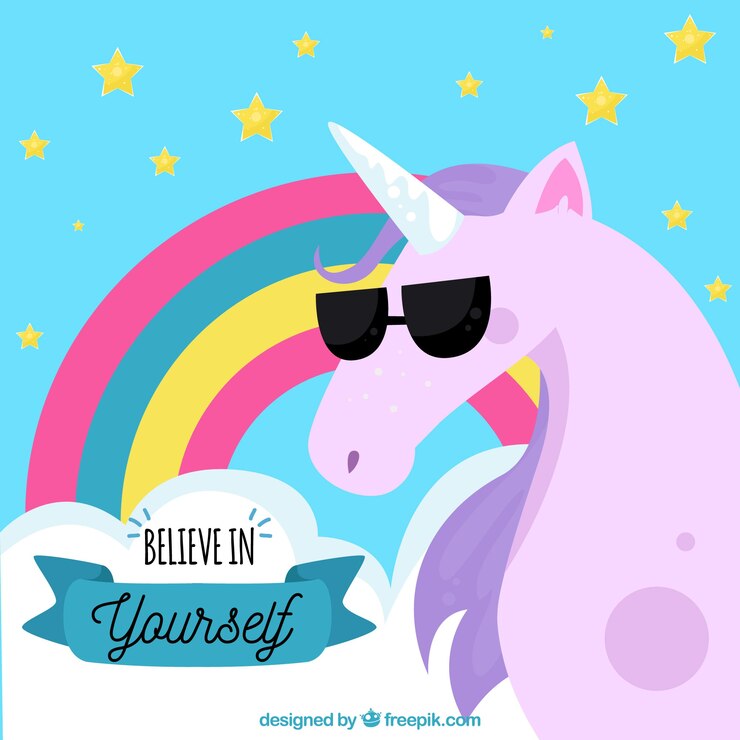 Vector fondo de unicornio con gafas de sol y mensaje "cree en ti mismo"