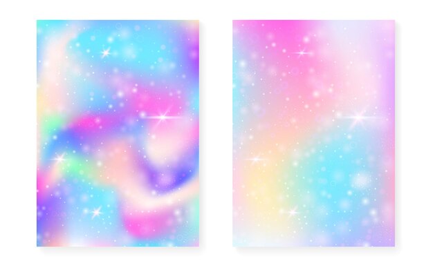Fondo de unicornio con gradiente mágico kawaii Holograma de arco iris de princesa Conjunto de hadas holográficas Cubierta de fantasía de moda Fondo de unicornio con destellos y estrellas para invitación a una fiesta de chicas lindas
