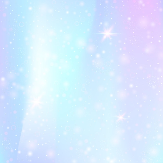 Fondo de unicornio con malla de arcoíris Banner del universo Kawaii en colores de princesa Fondo degradado de fantasía con holograma Fondo holográfico de unicornio con destellos mágicos, estrellas y desenfoques