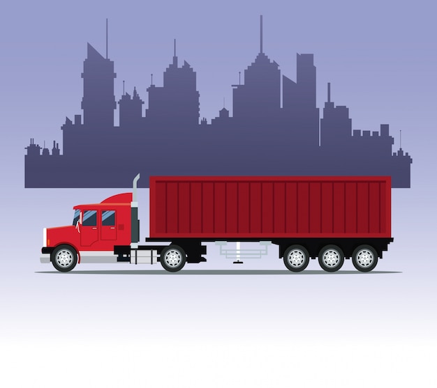 Fondo urbano de contenedor de transporte de camión rojo