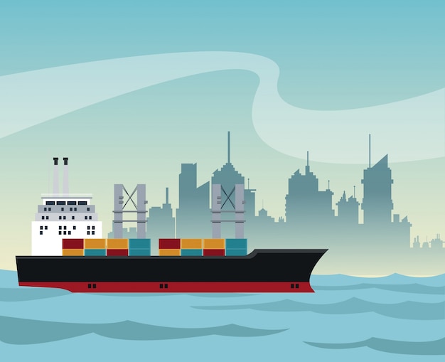 Vector fondo urbano del transporte marítimo del contenedor de carga de la nave