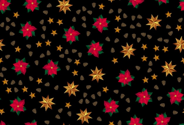 Fondo de vacaciones de año nuevo y feliz Navidad con estrellas doradas, conos y flor de nochebuena. Ilustración vectorial EPS10
