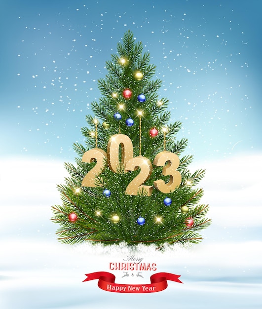 Fondo de vacaciones con árbol de Navidad con guirnalda y un vector de oro 2023