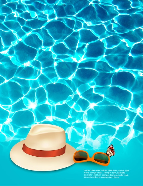 Vector fondo de vacaciones con mar azul, sombrero y gafas de sol.