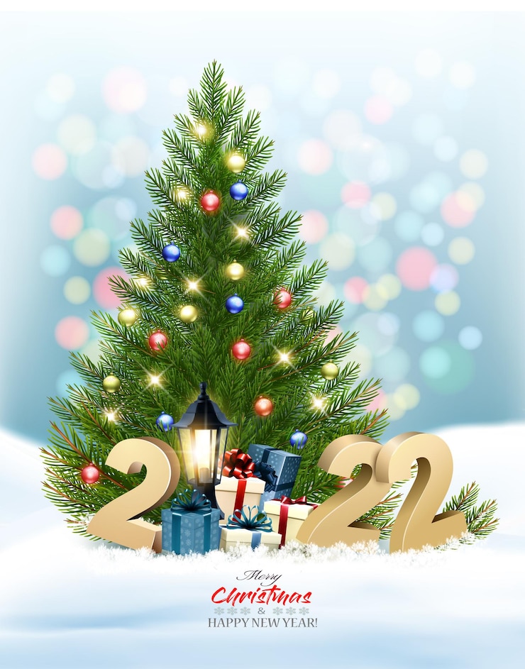 Vector fondo de vacaciones de navidad y año nuevo con árbol de navidad con guirnalda y oro 2022. vector.