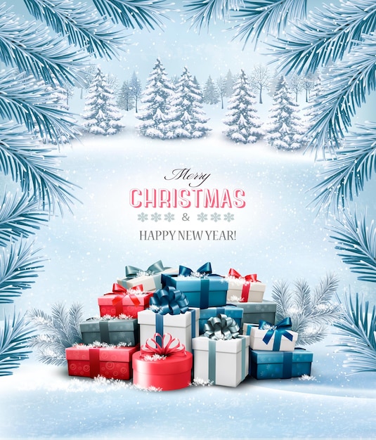 Fondo de vacaciones de Navidad con cajas de regalo de colores. Vector.